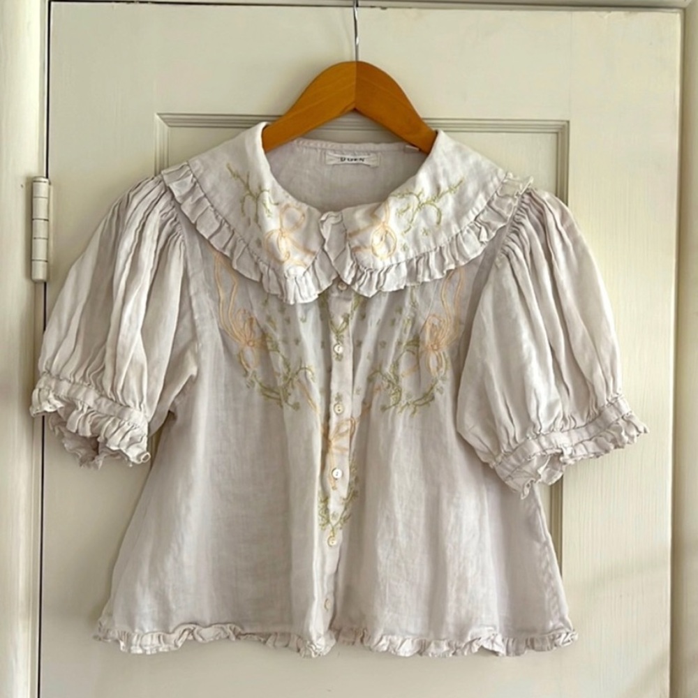 Doen Embroidered Custom Dyed Floral Flouncey Top